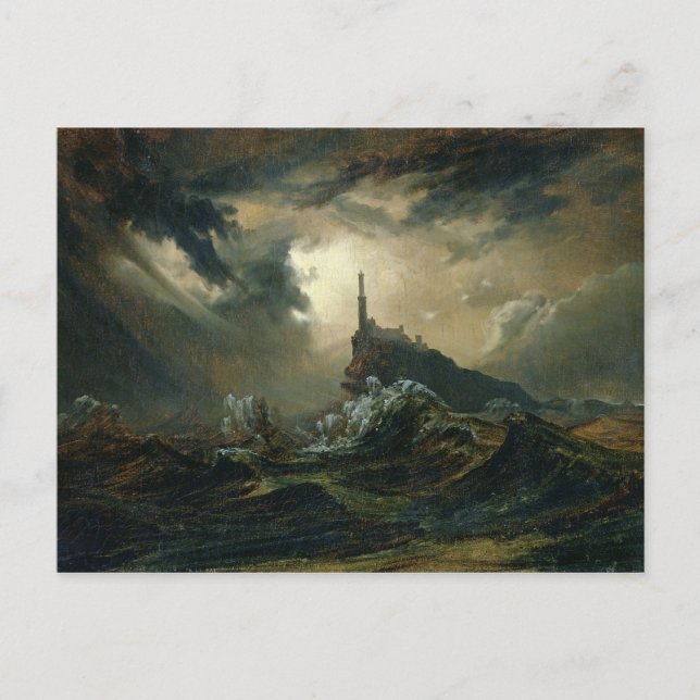 Carte Postale Mer orageuse avec phare (Devant)
