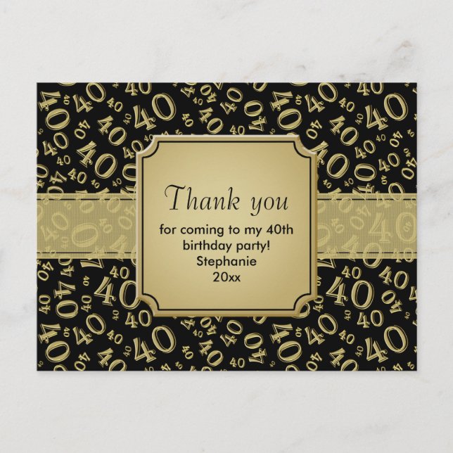 Carte Postale Merci 40ème motif de numéro d'anniversaire Or/Noir (Devant)