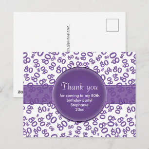 Carte Postale Merci 80 motif de numéro d'anniversaire violet/bla
