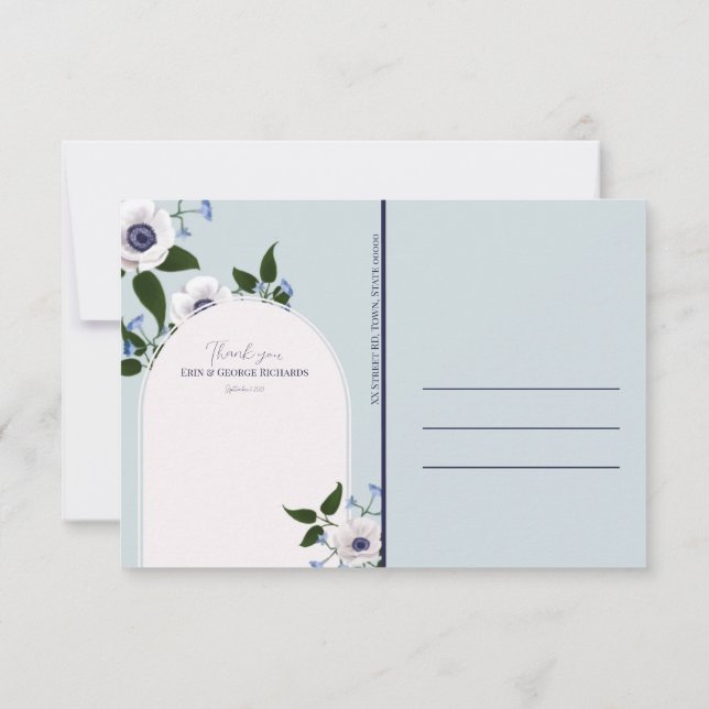Carte postale Merci : Anémone et delphinium bleu (Dos)