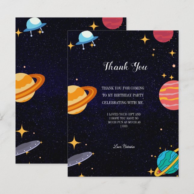 Carte Postale Merci anniversaire thème de l'espace (Devant / Derrière)