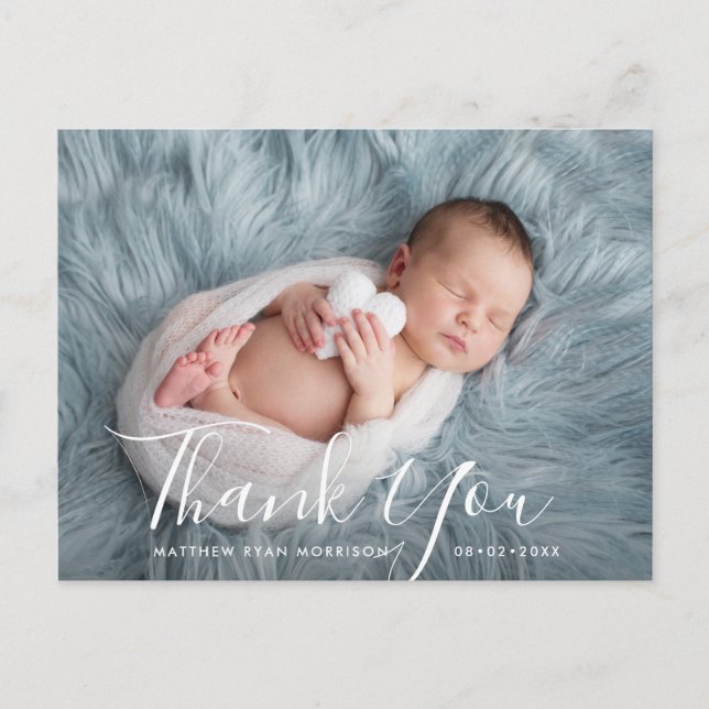Carte Postale MERCI | annonce de naissance de script en lettres  (Devant)