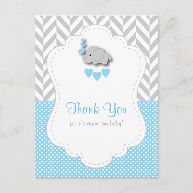 Carte Postale Merci Baby shower bleu, blanc, gris éléphant (Devant)