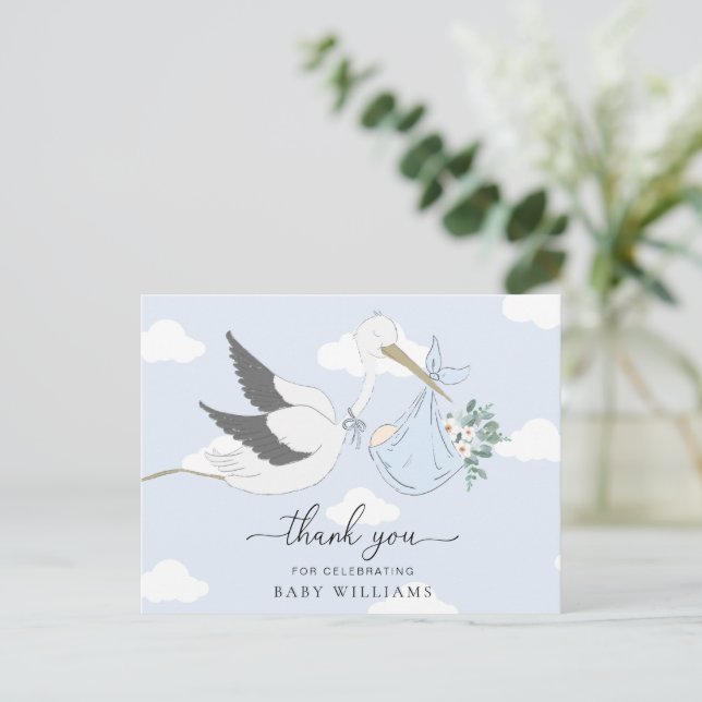 Carte Postale Merci Baby shower de la cigogne bleue (Debout devant)