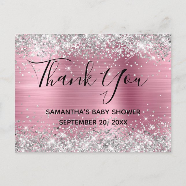 Carte Postale Merci Baby shower Parties scintillant rose argent (Devant)