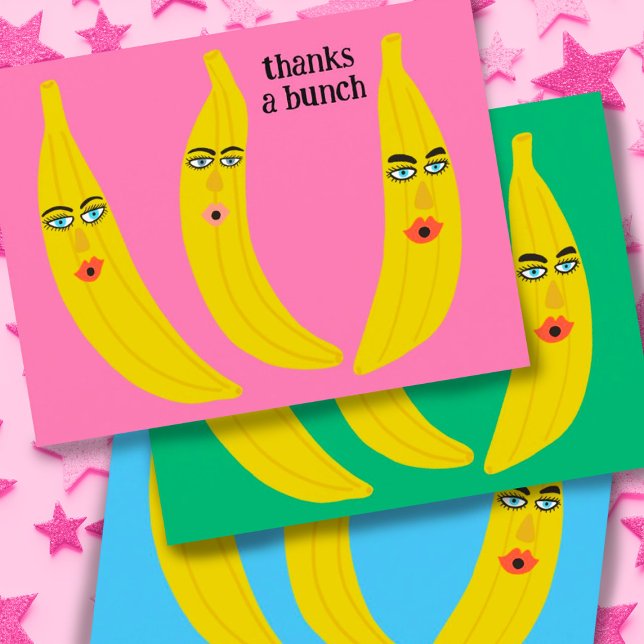 Carte Postale MERCI BEAUCOUP Funny Bananas Merci Mignon  (Thanks a bunch of bananas! Choose your favorite color or add your own background shade!)