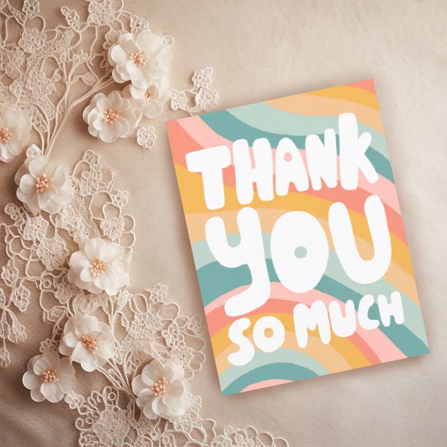 Carte Postale MERCI BEAUCOUP Pastel Rainbow Stripes PERSONNALISÉ (Pastel rainbow stripes thank you handlettering bubble letters custom postcard)