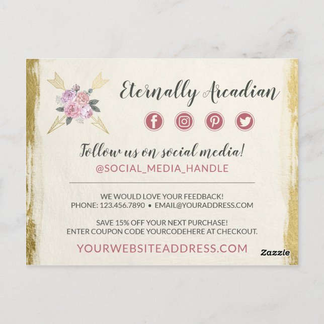 Carte Postale Merci Bohème Flore Flèches Flexible Or (Dos)