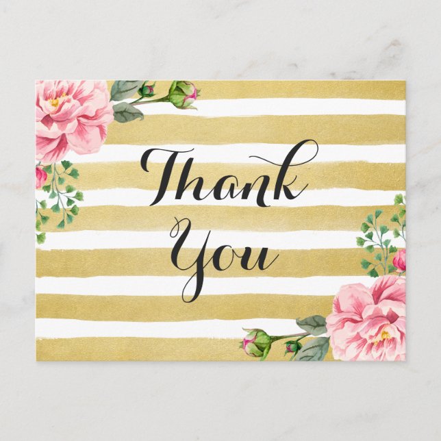 Carte Postale Merci Calligraphie Script Floral Gold Stripes (Devant)