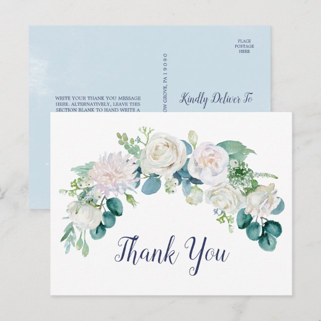 Carte postale Merci classique aux fleurs blanches (Devant / Derrière)