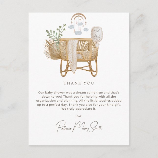 Carte Postale Merci de Baby shower de bébé Boho rustique (Devant)