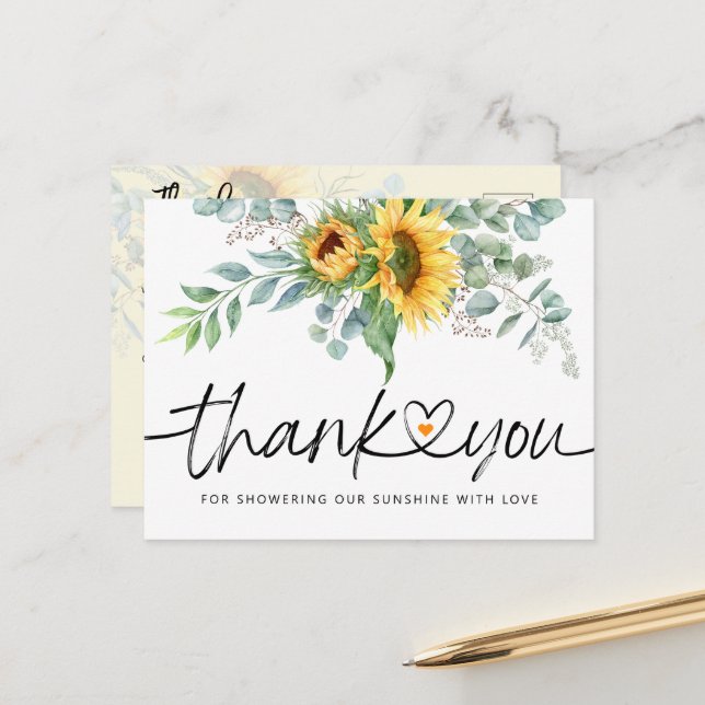 Carte Postale Merci de Baby shower de tournesol russe Eucalyptus (Devant/Arrière en situation)