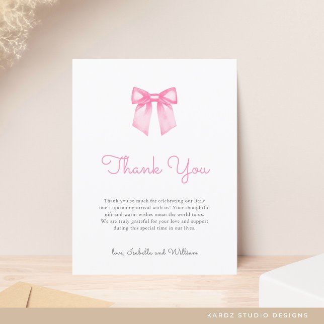 Carte Postale Merci de Baby shower élégant à Bow rose (Personalize front and back of postcard.)