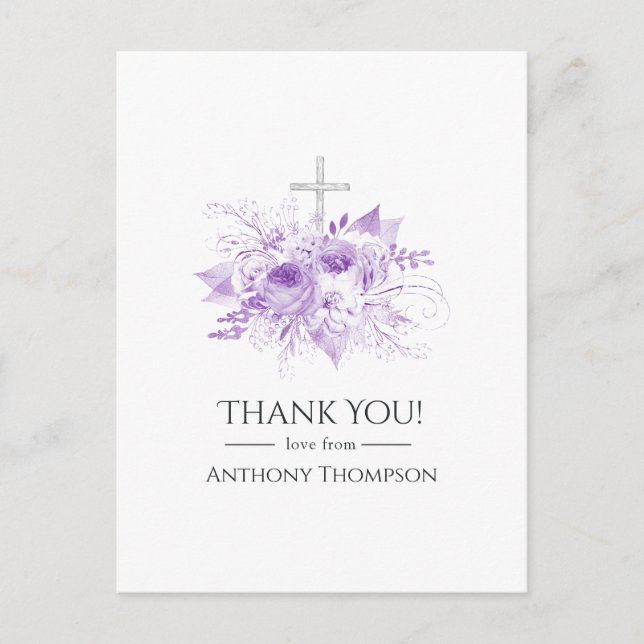 Carte Postale Merci de Baptême Floral Lilac et Argent (Devant)