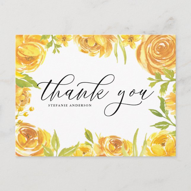 Carte Postale Merci de  d'aquarelle jaune Roses et pivoines (Devant)