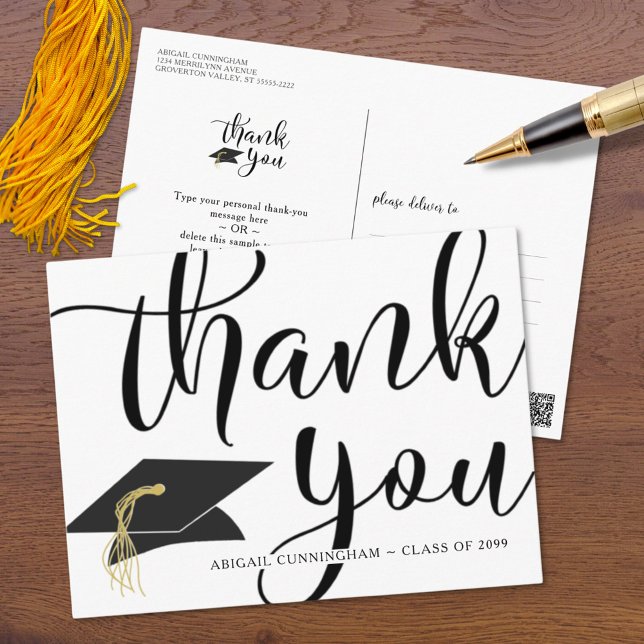 Carte Postale Merci de graduation noir et blanc chic Script (Créateur téléchargé)
