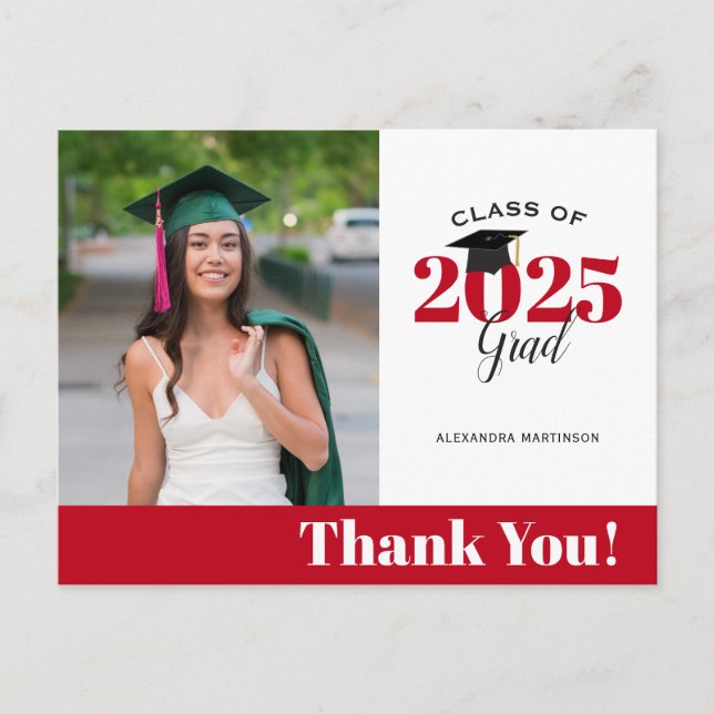 Carte Postale Merci de graduation photo rouge et blanc moderne (Devant)