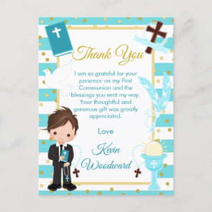 Carte Postale Merci de la première communion du garçon Blue Brun