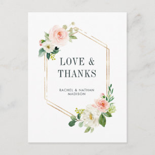 Carte Postale Merci de Mariage à cadre or à fleurs blanches
