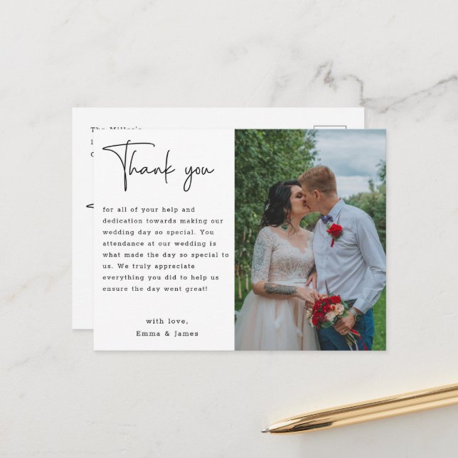 Carte Postale Merci de Mariage photo personnalisé minimaliste du (Devant/Arrière en situation)