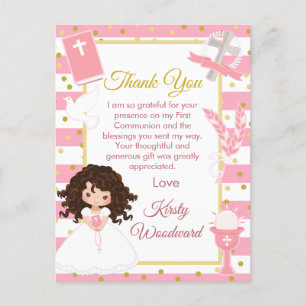Carte Postale Merci de première communion rose Brunette Hair Gir