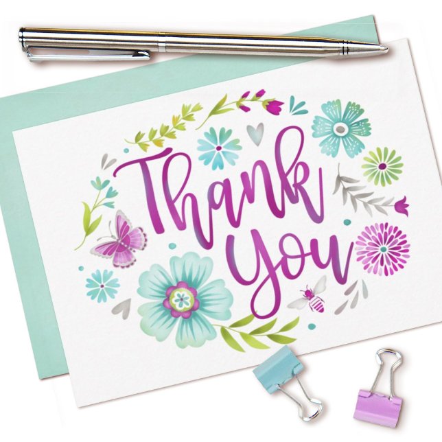 Carte Postale Merci de typographie à la main (A pretty watercolor floral thank you card.)