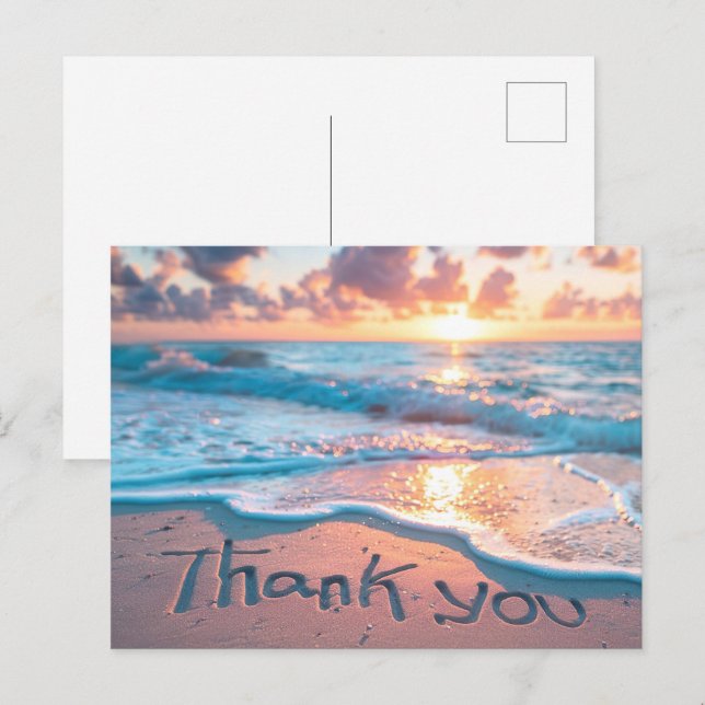 Carte Postale Merci Écriture sur le Sable de la Plage (Devant / Derrière)