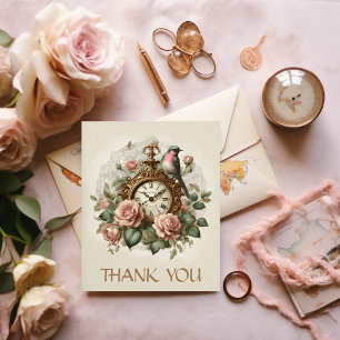 Carte Postale Merci Élégant Floral Rose Antique Horloge Oiseau