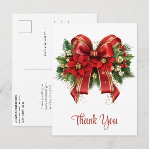 Carte Postale Merci Festif rouge et or de Noël Bow