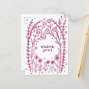 Carte Postale MERCI Fleur Esquisse Fantaisiste Doodle