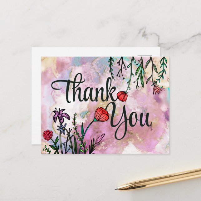 Carte Postale Merci Fleur Sauvage Mignonne Aquarelle Nuage Marbr (Devant/Arrière en situation)