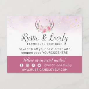 Carte Postale Merci Floral Antlers Blush Rose et Marbre Doré