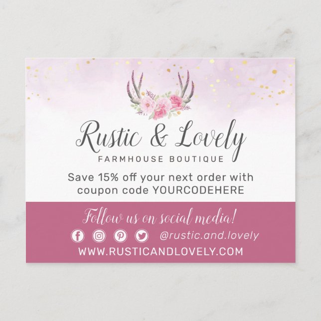 Carte Postale Merci Floral Antlers Blush rose et or Marbre (Dos)