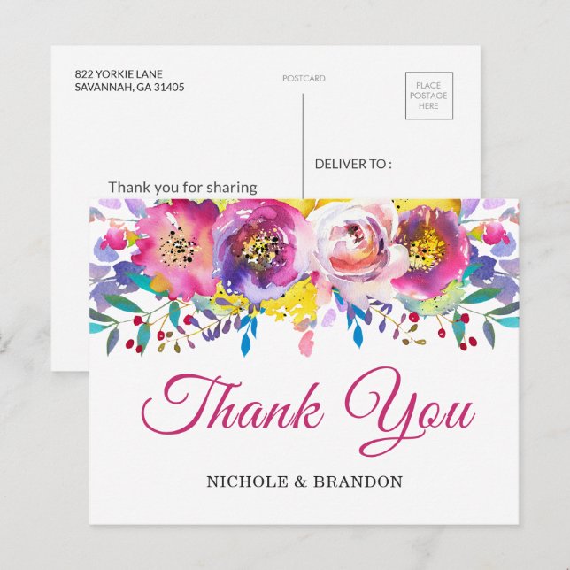 Carte postale Merci Floral Or Fuchsia brillant (Devant / Derrière)