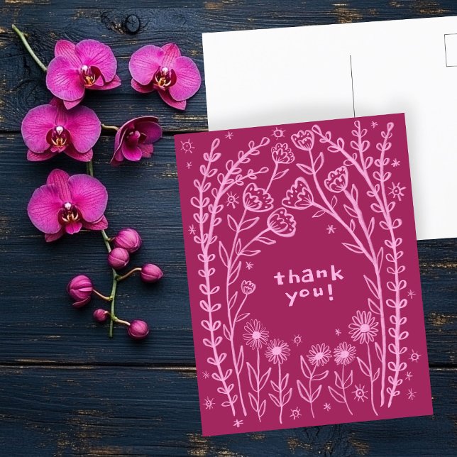 Carte Postale MERCI Floral Whimsical Sketch Doodle  (THANK YOU Floral Whimsical Sketch Doodle Postcard
)