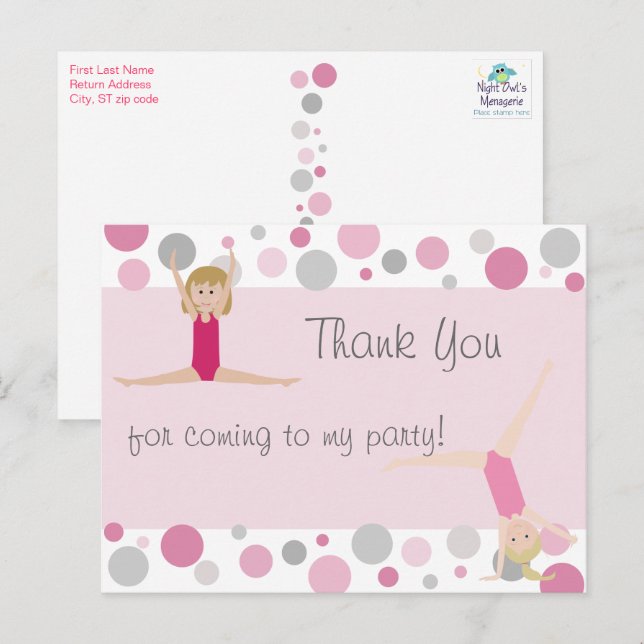 Carte Postale Merci Gymnastique de fête en rose et gris (Devant / Derrière)