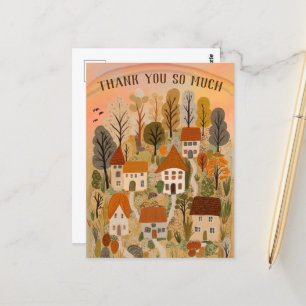 Carte Postale MERCI Illustration Automne Mignon Village Campagna