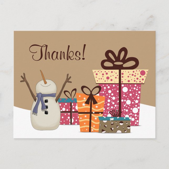 Carte Postale Merci ! ~ Joli bonhomme de neige avec cadeaux Merc (Devant)