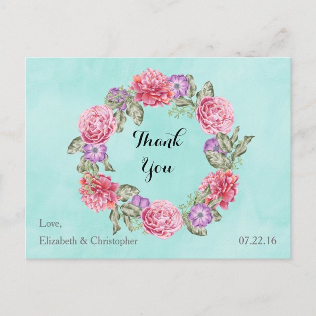 Carte Postale Merci Mariage  à aquarelle florale (Devant)
