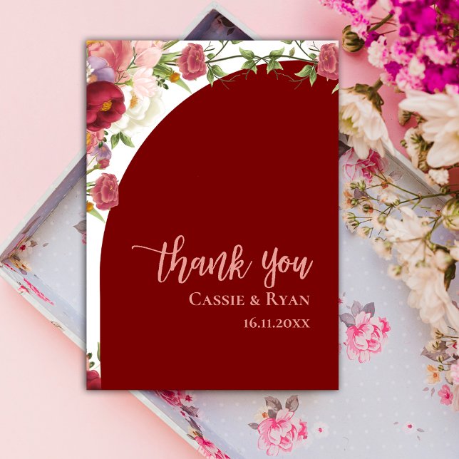 Carte Postale Merci Mariage à arche romantique rouge Floral Peac (Romantic Peach Red Floral Arch Wedding Thank you Postcard)