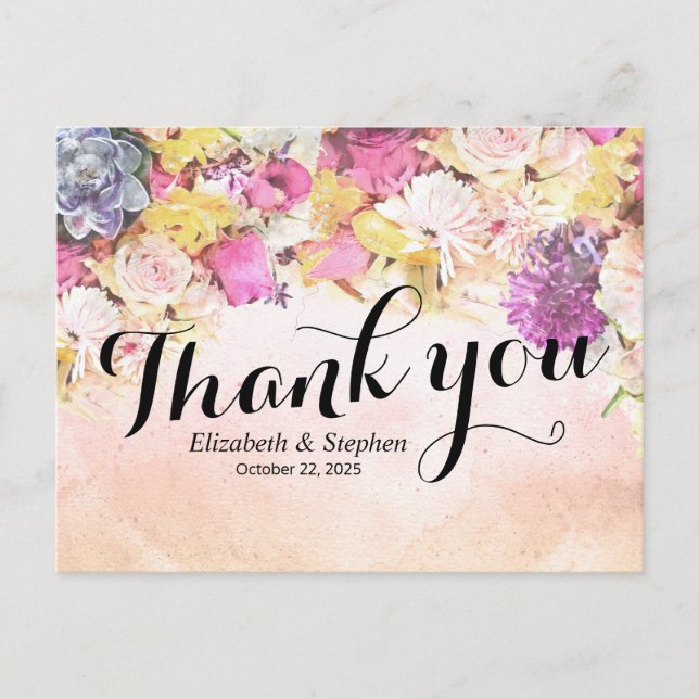Carte Postale Merci Mariage Chic couleur aquarelle Fleurs (Devant)