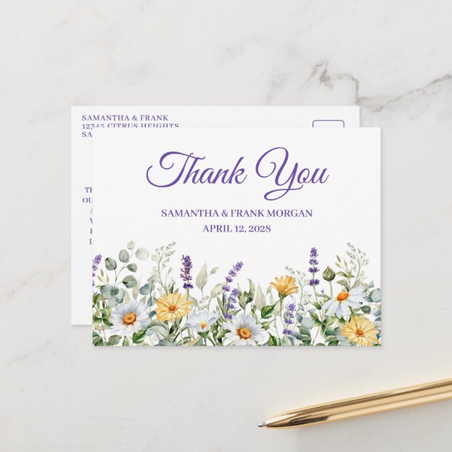 Carte Postale Merci Mariage de bordure fleur sauvage d'aquarelle (Devant/Arrière en situation)