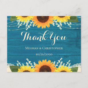 Carte Postale Merci Mariage de tournesol en bois Turquoise rusti