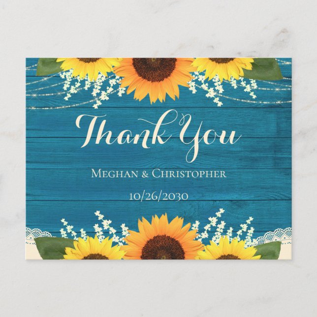 Carte Postale Merci Mariage de tournesol en bois Turquoise rusti (Devant)