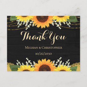 Carte Postale Merci Mariage de tournesol en or en bois noir rust