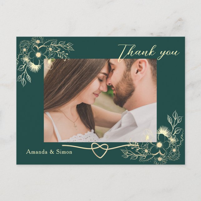 Carte Postale Merci Mariage Emerald Gold Floral (Devant)