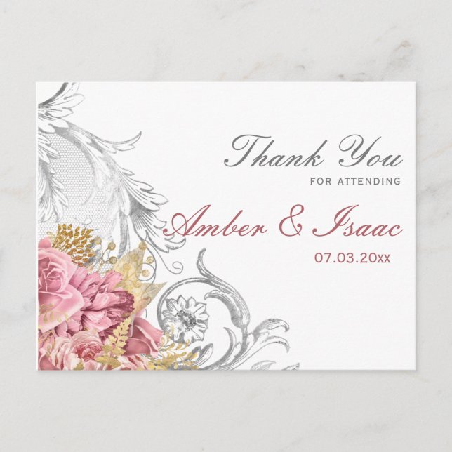 Carte Postale Merci Mariage rose élégant (Devant)