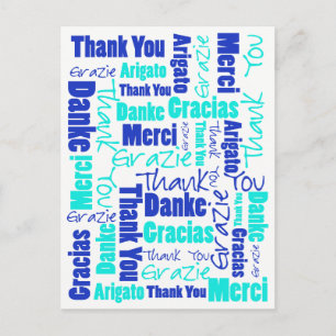 Carte Postale Merci multilingue bleu et turquoise
