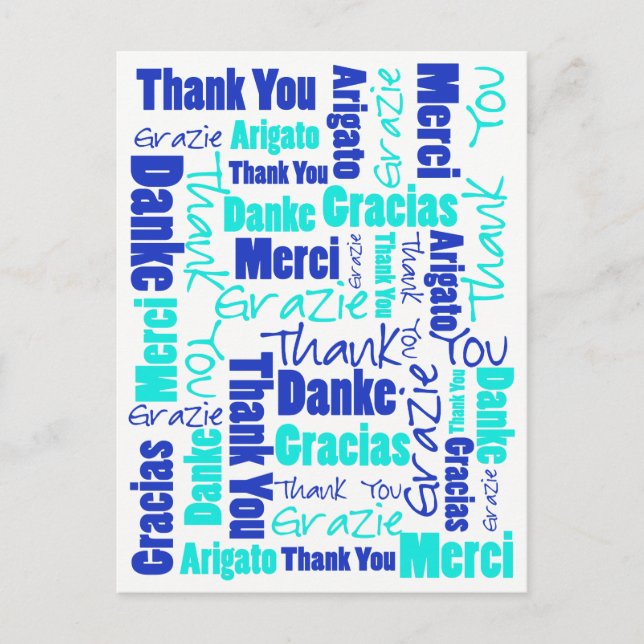 Carte Postale Merci multilingue bleu et turquoise (Devant)