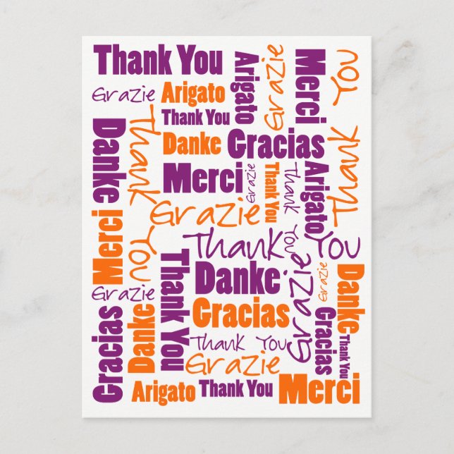 Carte Postale Merci multilingue violet et orange (Devant)